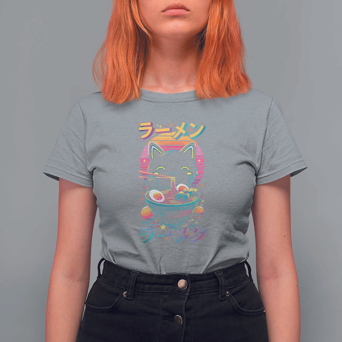 Retro Kawaii Ramen Cat Graphic T Shirt For Women Cute Anime Japanese Japan Inspo - Wonder Print Shop