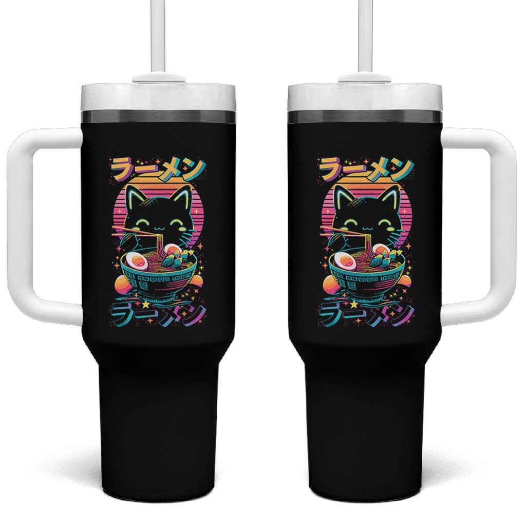 Retro Kawaii Ramen Cat Graphic Tumbler With Handle Cute Anime Japanese Japan Inspo - Wonder Print Shop
