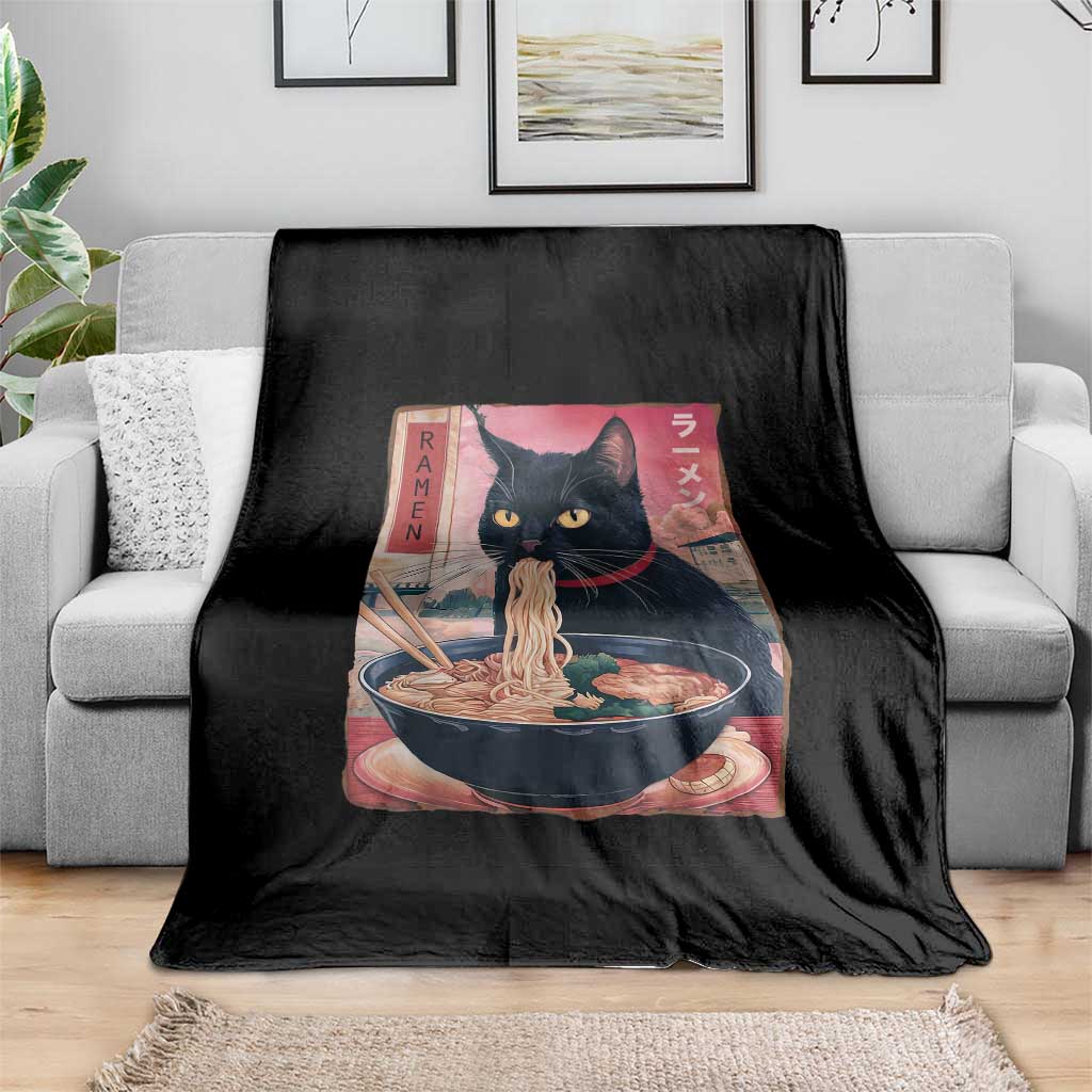 Sarcastic Black Cat Eating Ramen Throw Blanket Funny Japanese Kawaii Cats Anime Graphic - Wonder Print Shop