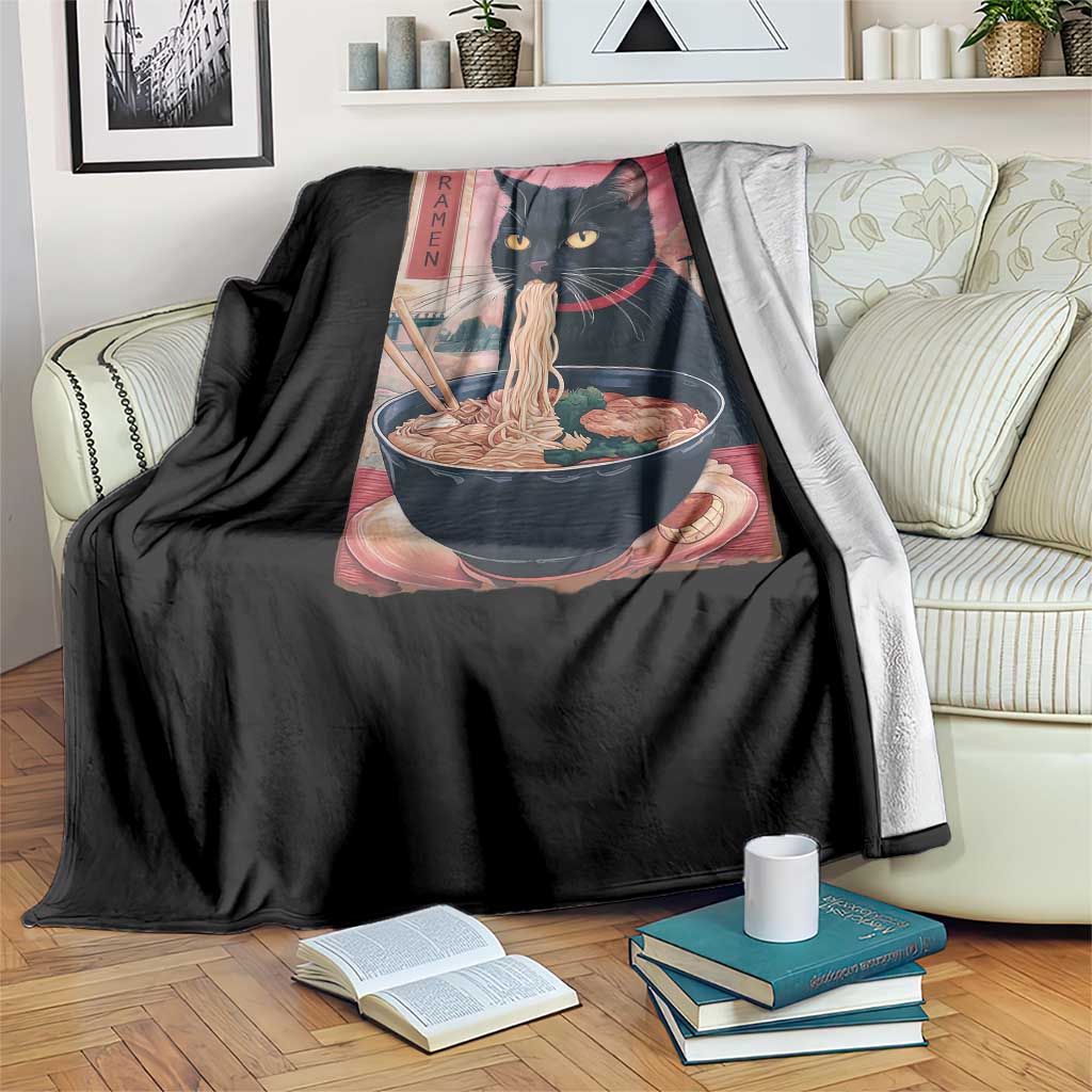 Sarcastic Black Cat Eating Ramen Throw Blanket Funny Japanese Kawaii Cats Anime Graphic - Wonder Print Shop