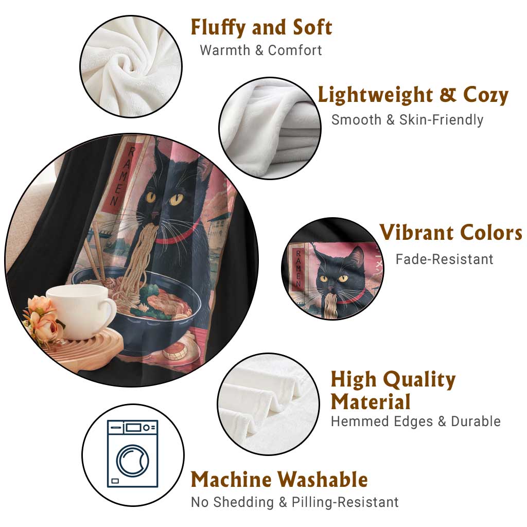 Sarcastic Black Cat Eating Ramen Throw Blanket Funny Japanese Kawaii Cats Anime Graphic - Wonder Print Shop