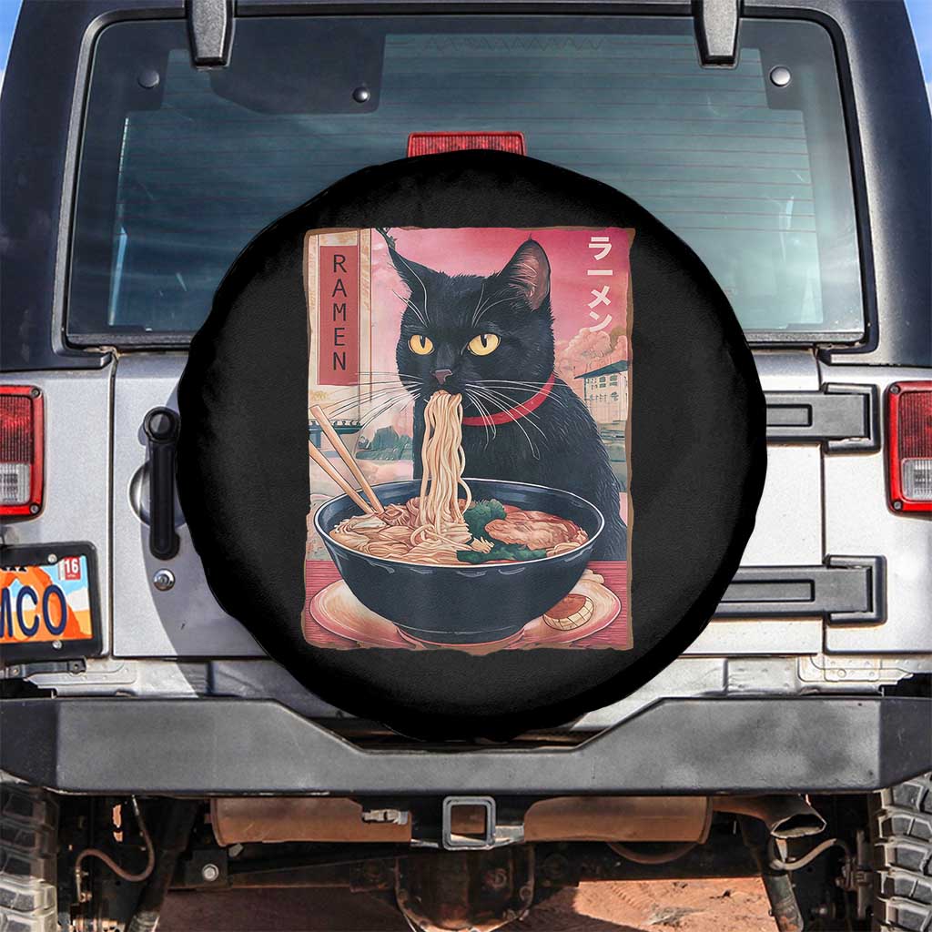 Sarcastic Black Cat Eating Ramen Spare Tire Cover Funny Japanese Kawaii Cats Anime Graphic - Wonder Print Shop