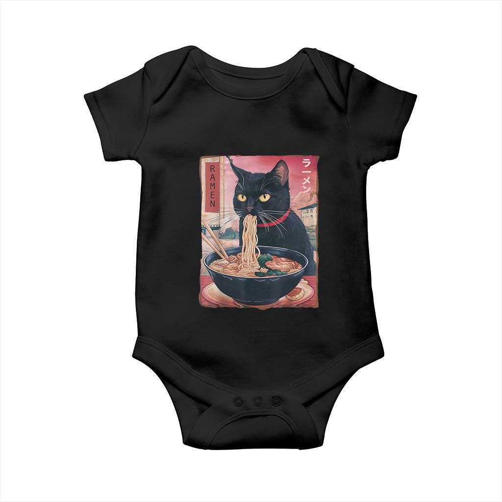Sarcastic Black Cat Eating Ramen Baby Onesie Funny Japanese Kawaii Cats Anime Graphic - Wonder Print Shop