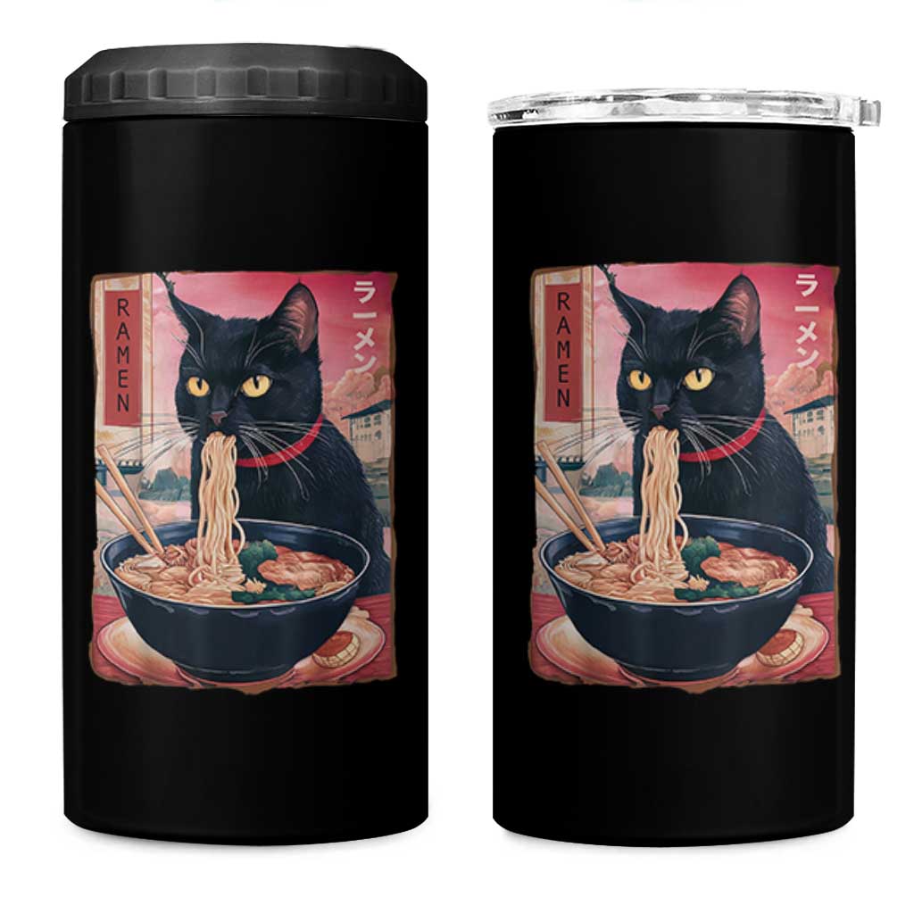Sarcastic Black Cat Eating Ramen 4 in 1 Can Cooler Tumbler Funny Japanese Kawaii Cats Anime Graphic - Wonder Print Shop