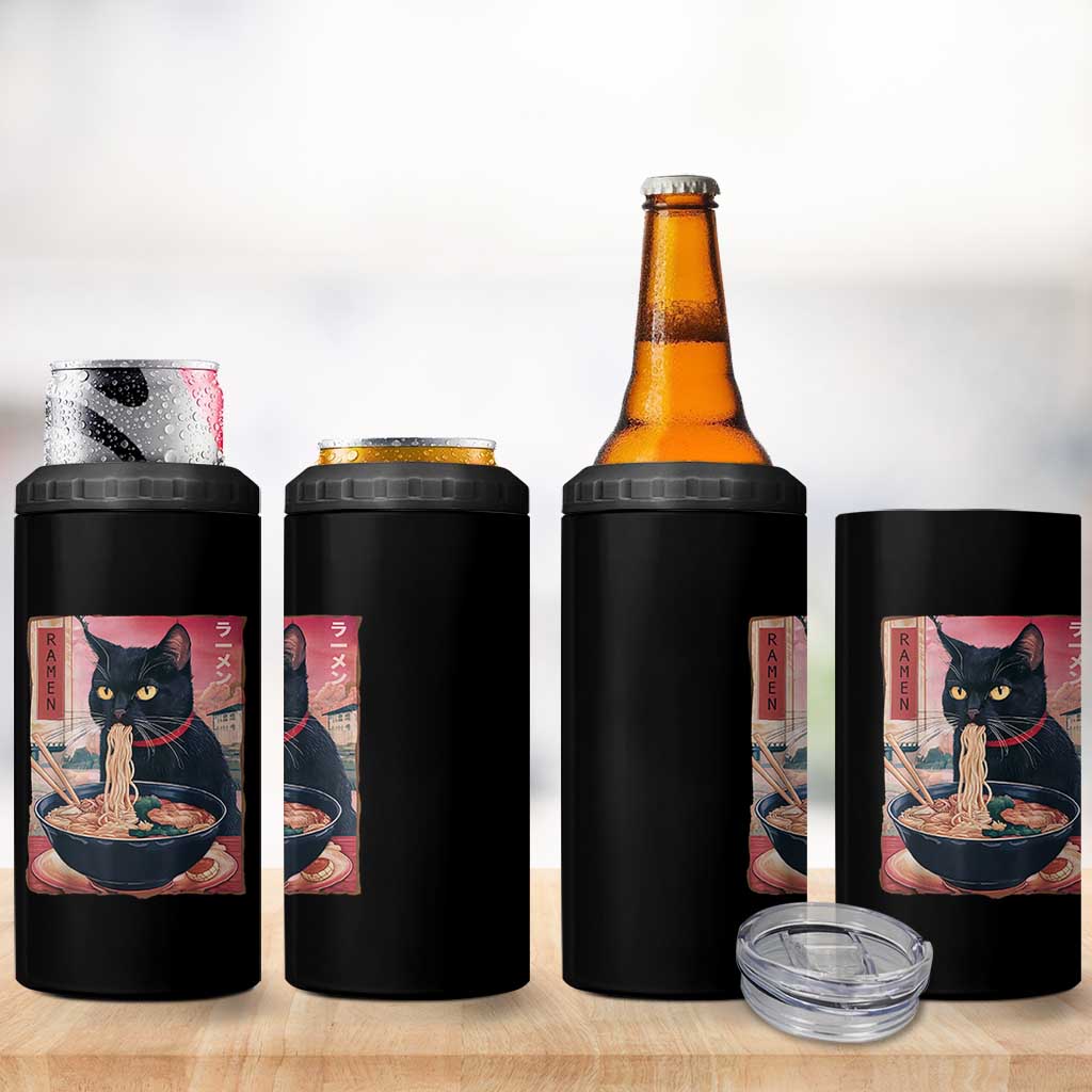 Sarcastic Black Cat Eating Ramen 4 in 1 Can Cooler Tumbler Funny Japanese Kawaii Cats Anime Graphic - Wonder Print Shop