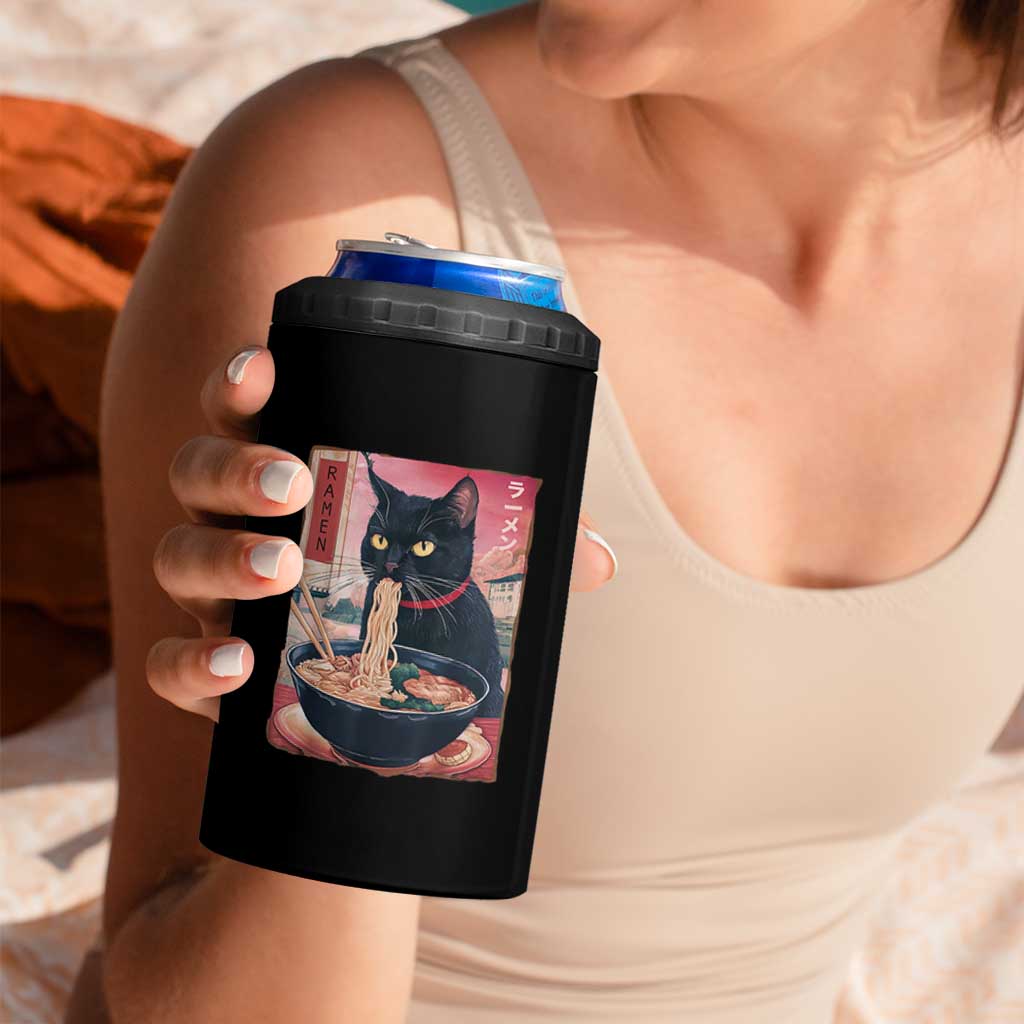 Sarcastic Black Cat Eating Ramen 4 in 1 Can Cooler Tumbler Funny Japanese Kawaii Cats Anime Graphic - Wonder Print Shop