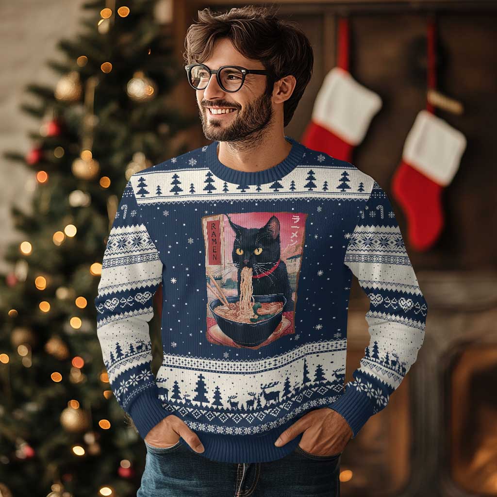 Sarcastic Black Cat Eating Ramen Ugly Christmas Sweater Funny Japanese Kawaii Cats Anime Graphic - Wonder Print Shop