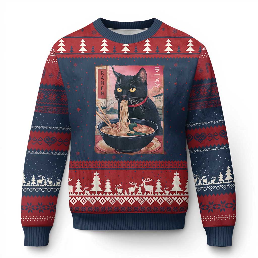 Sarcastic Black Cat Eating Ramen Ugly Christmas Sweater Funny Japanese Kawaii Cats Anime Graphic - Wonder Print Shop