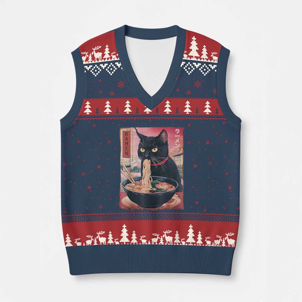 Sarcastic Black Cat Eating Ramen V-Neck Knit Sweater Vest Funny Japanese Kawaii Cats Anime Graphic - Wonder Print Shop
