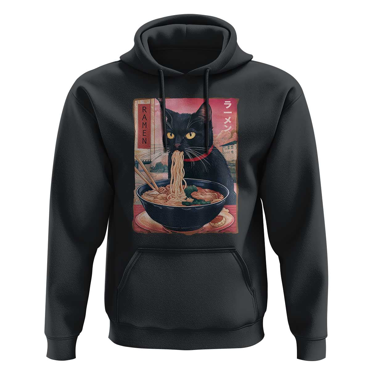 Sarcastic Black Cat Eating Ramen Hoodie Funny Japanese Kawaii Cats Anime Graphic - Wonder Print Shop