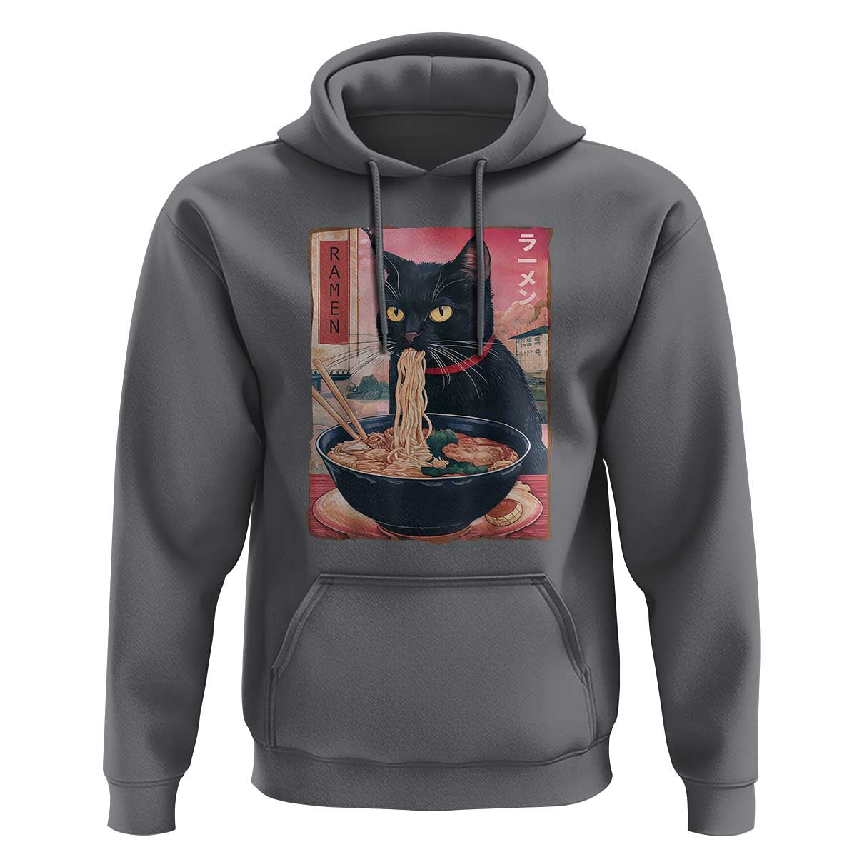 Sarcastic Black Cat Eating Ramen Hoodie Funny Japanese Kawaii Cats Anime Graphic - Wonder Print Shop