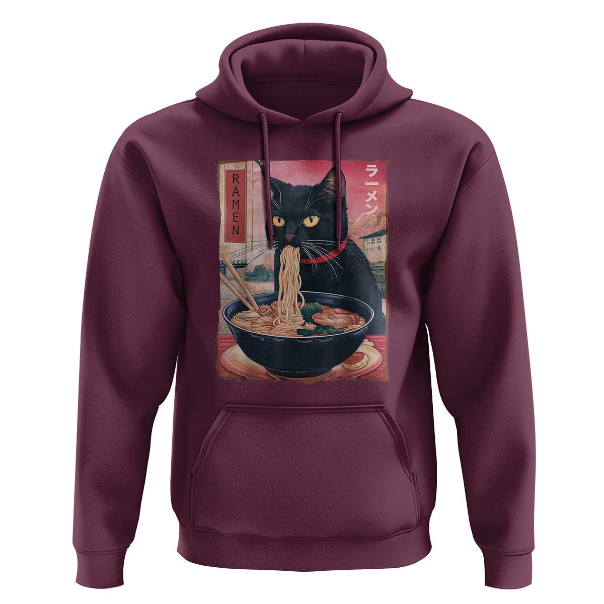 Sarcastic Black Cat Eating Ramen Hoodie Funny Japanese Kawaii Cats Anime Graphic - Wonder Print Shop
