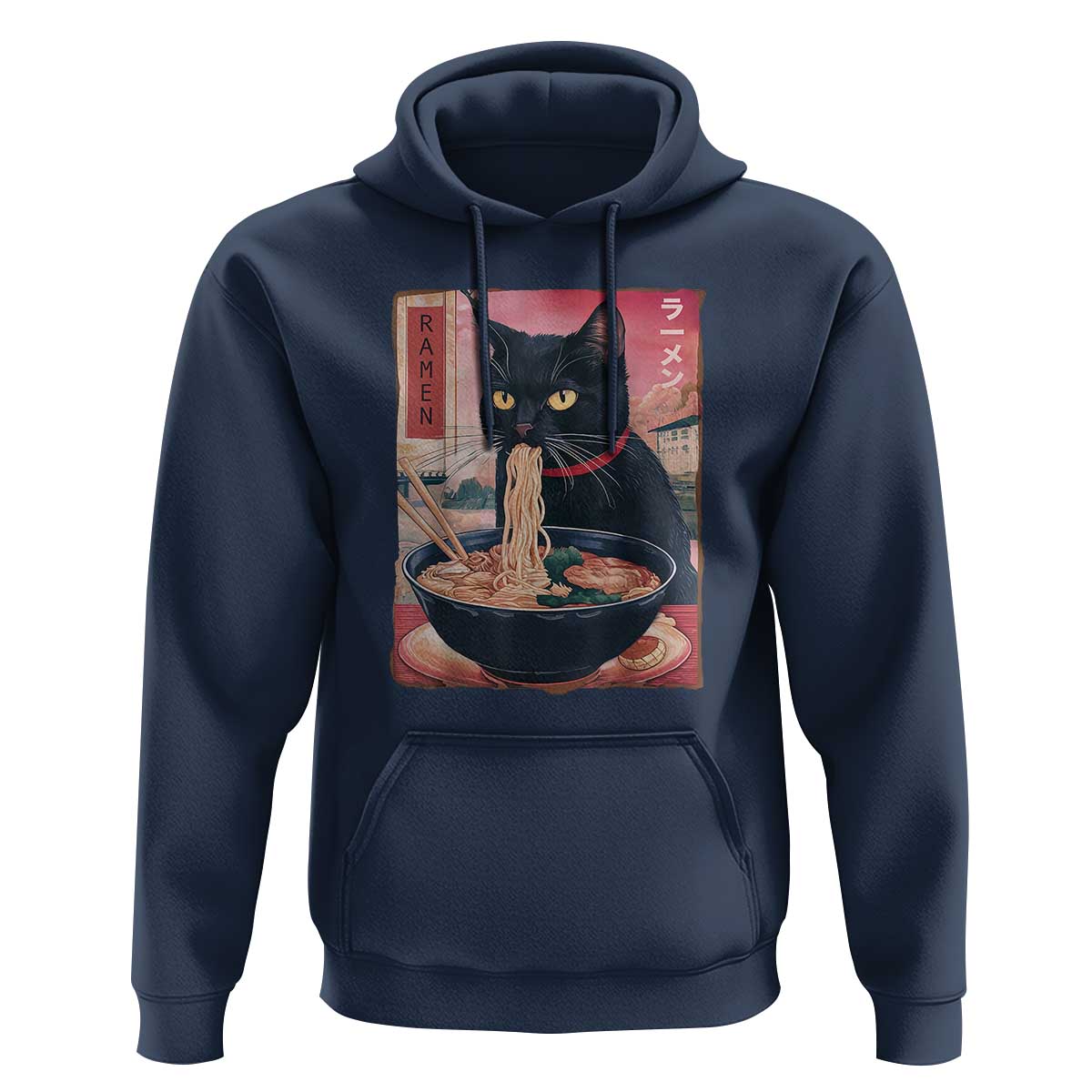 Sarcastic Black Cat Eating Ramen Hoodie Funny Japanese Kawaii Cats Anime Graphic - Wonder Print Shop