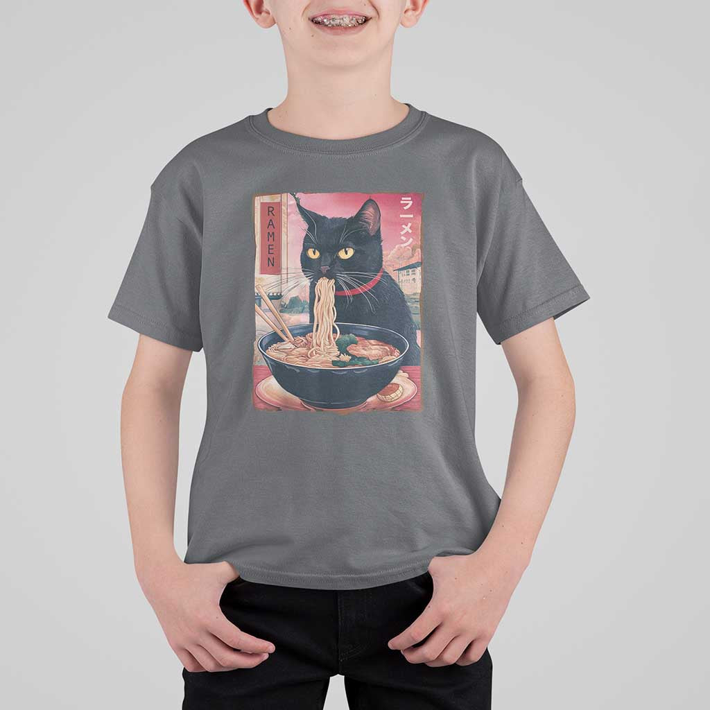 Sarcastic Black Cat Eating Ramen T Shirt For Kid Funny Japanese Kawaii Cats Anime Graphic - Wonder Print Shop