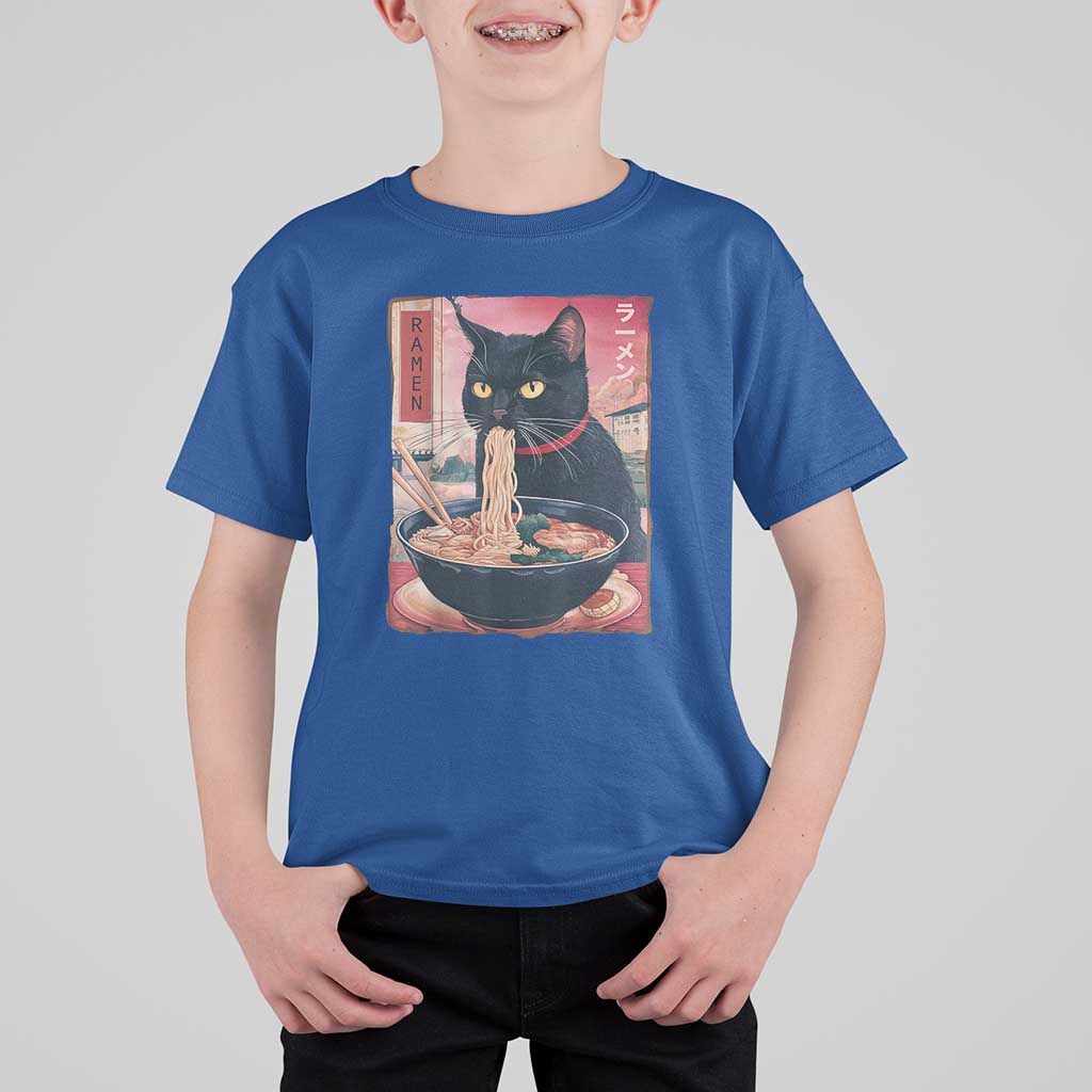Sarcastic Black Cat Eating Ramen T Shirt For Kid Funny Japanese Kawaii Cats Anime Graphic - Wonder Print Shop