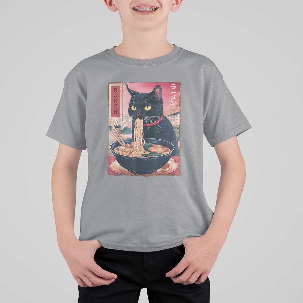 Sarcastic Black Cat Eating Ramen T Shirt For Kid Funny Japanese Kawaii Cats Anime Graphic - Wonder Print Shop