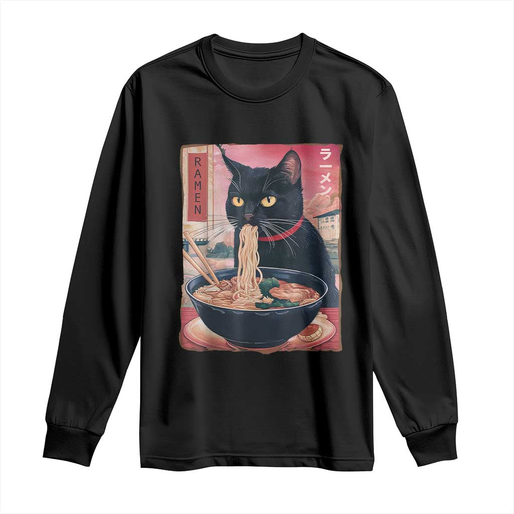 Sarcastic Black Cat Eating Ramen Long Sleeve Shirt Funny Japanese Kawaii Cats Anime Graphic - Wonder Print Shop