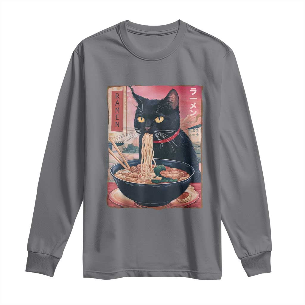 Sarcastic Black Cat Eating Ramen Long Sleeve Shirt Funny Japanese Kawaii Cats Anime Graphic - Wonder Print Shop