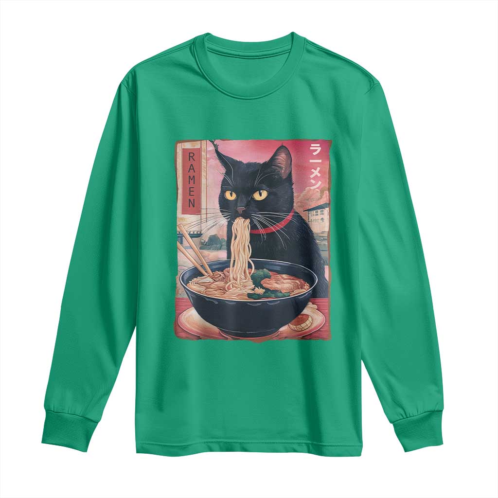 Sarcastic Black Cat Eating Ramen Long Sleeve Shirt Funny Japanese Kawaii Cats Anime Graphic - Wonder Print Shop