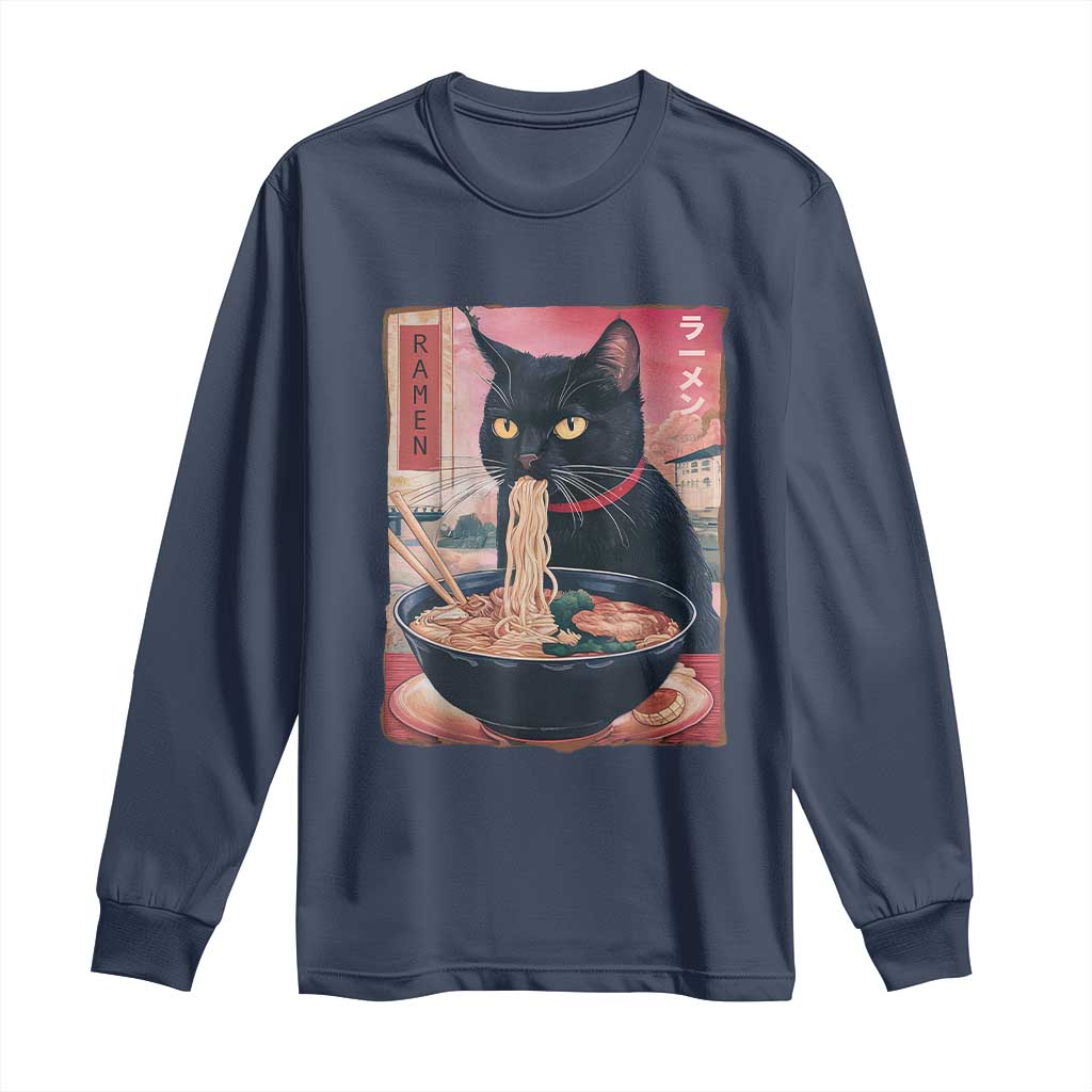 Sarcastic Black Cat Eating Ramen Long Sleeve Shirt Funny Japanese Kawaii Cats Anime Graphic - Wonder Print Shop