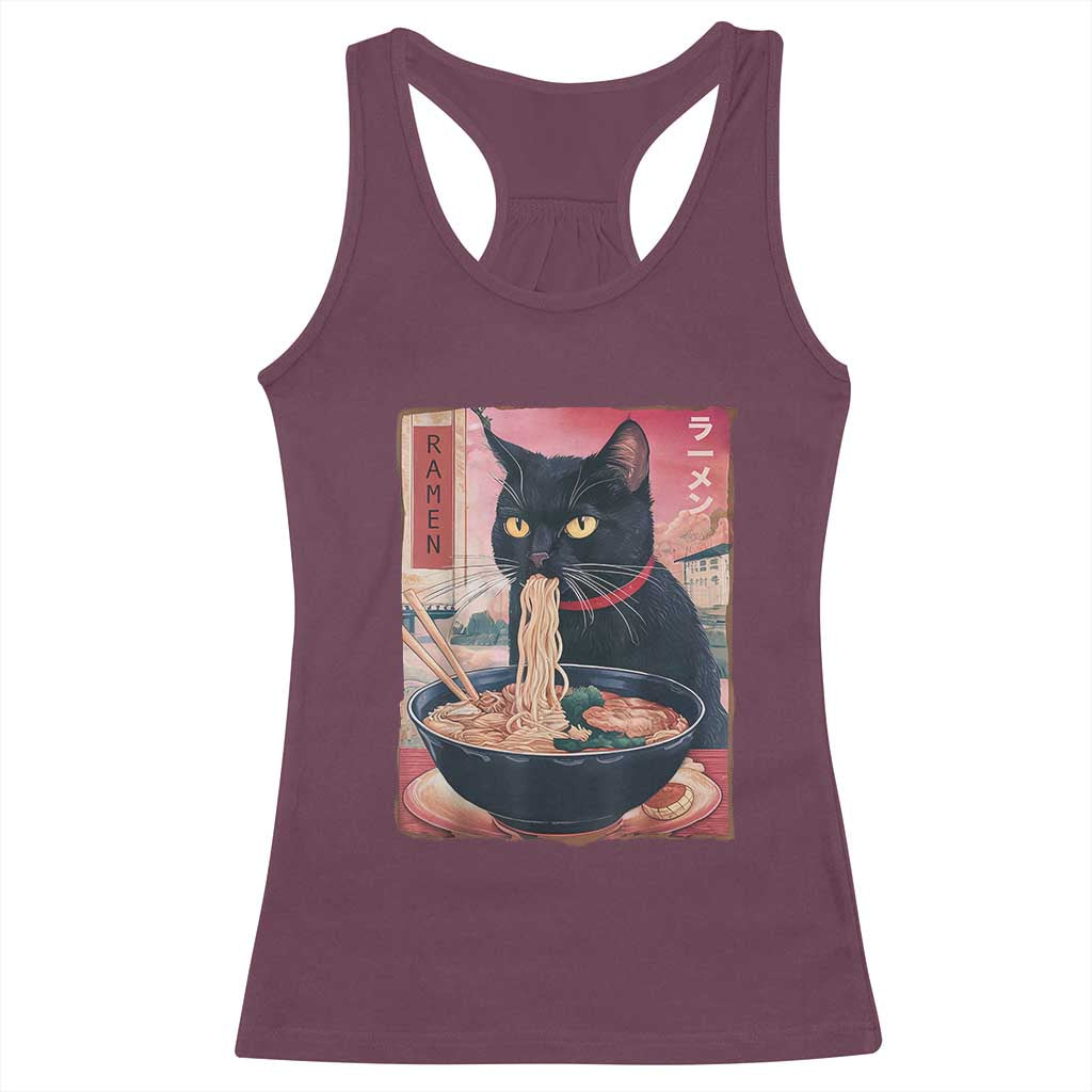 Sarcastic Black Cat Eating Ramen Racerback Tank Top Funny Japanese Kawaii Cats Anime Graphic - Wonder Print Shop