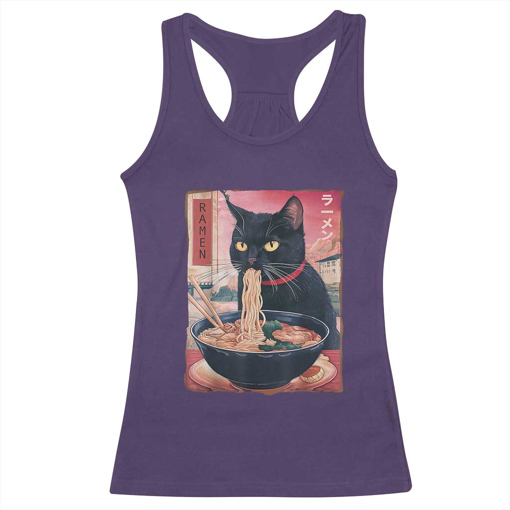 Sarcastic Black Cat Eating Ramen Racerback Tank Top Funny Japanese Kawaii Cats Anime Graphic - Wonder Print Shop