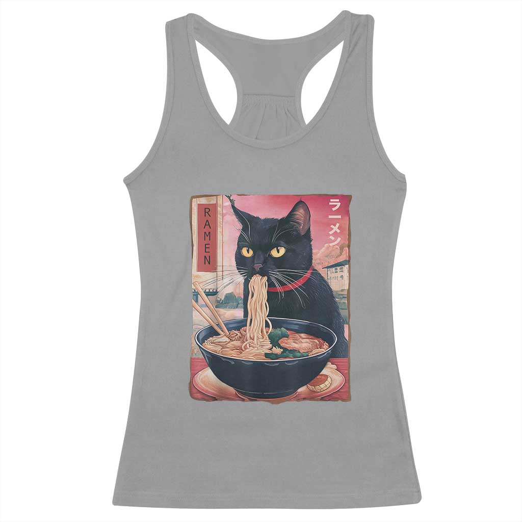 Sarcastic Black Cat Eating Ramen Racerback Tank Top Funny Japanese Kawaii Cats Anime Graphic - Wonder Print Shop