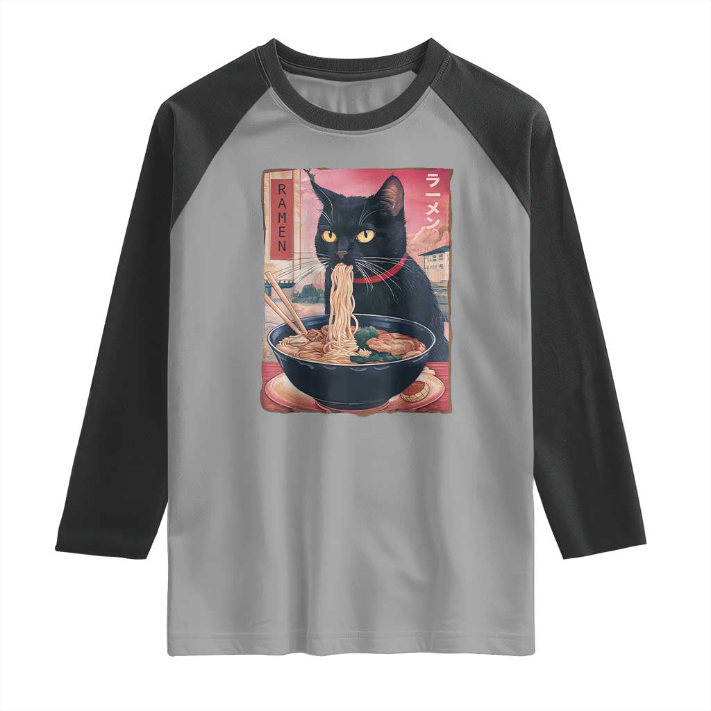Sarcastic Black Cat Eating Ramen Raglan Shirt Funny Japanese Kawaii Cats Anime Graphic - Wonder Print Shop