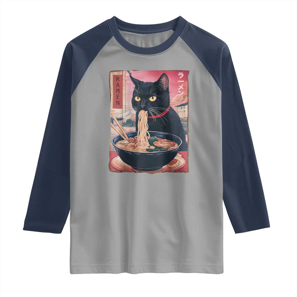 Sarcastic Black Cat Eating Ramen Raglan Shirt Funny Japanese Kawaii Cats Anime Graphic - Wonder Print Shop