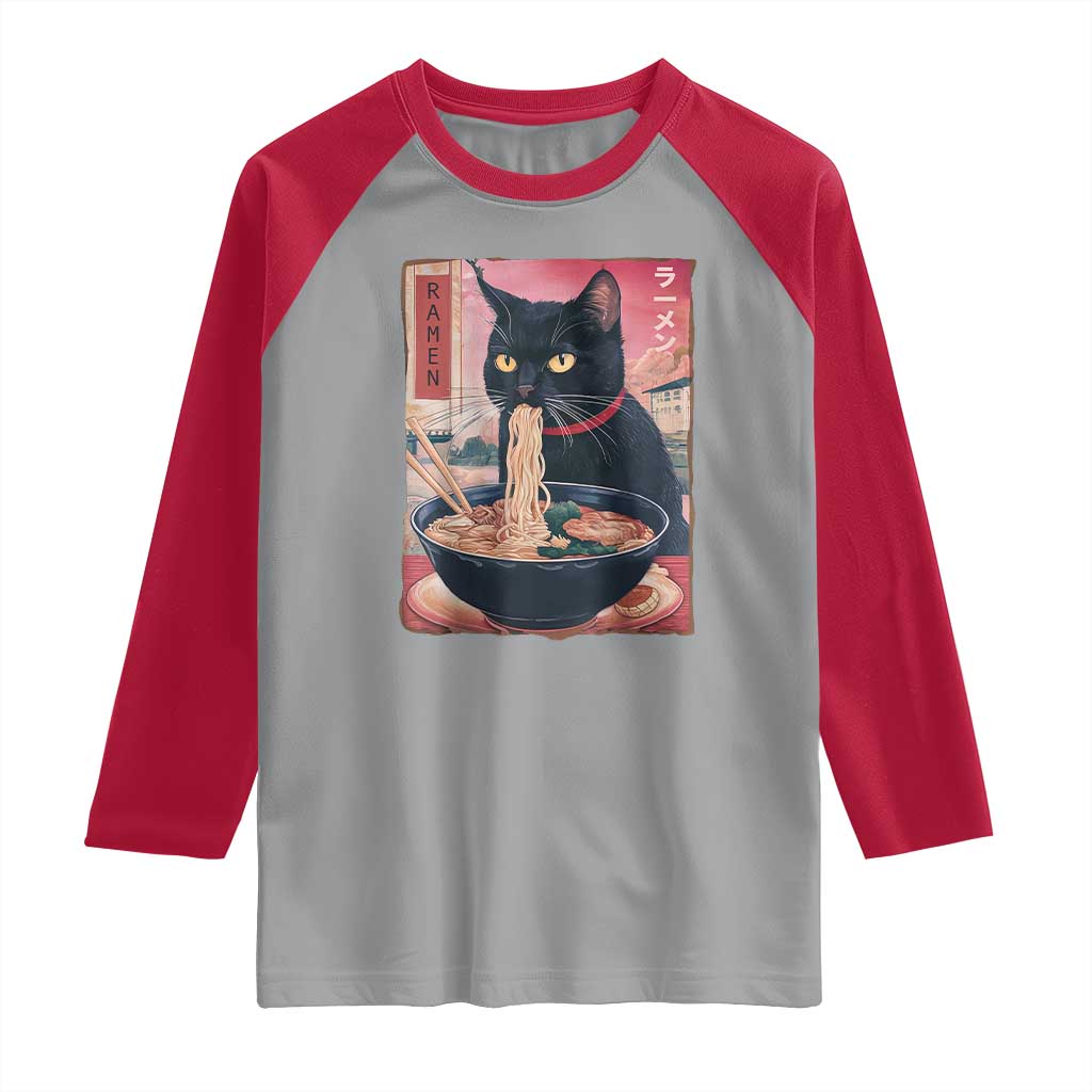 Sarcastic Black Cat Eating Ramen Raglan Shirt Funny Japanese Kawaii Cats Anime Graphic - Wonder Print Shop