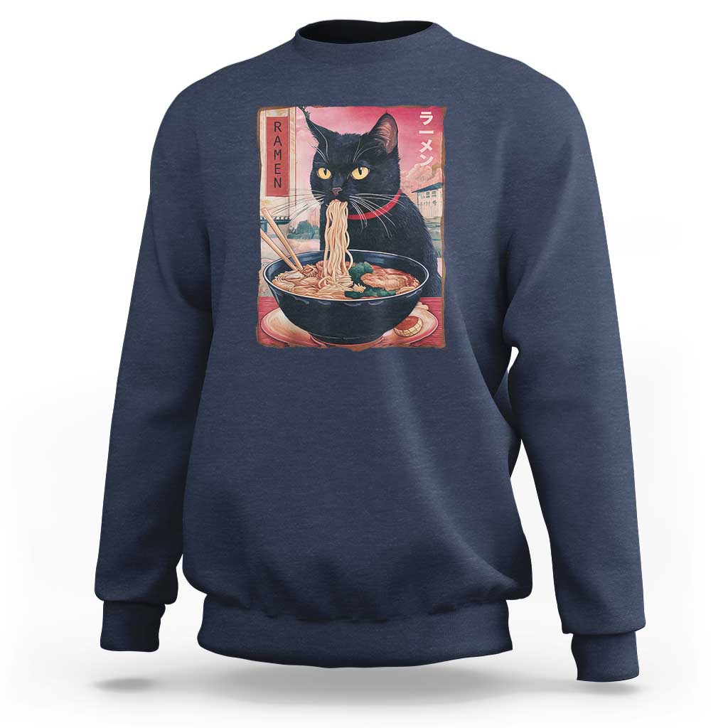 Sarcastic Black Cat Eating Ramen Sweatshirt Funny Japanese Kawaii Cats Anime Graphic - Wonder Print Shop