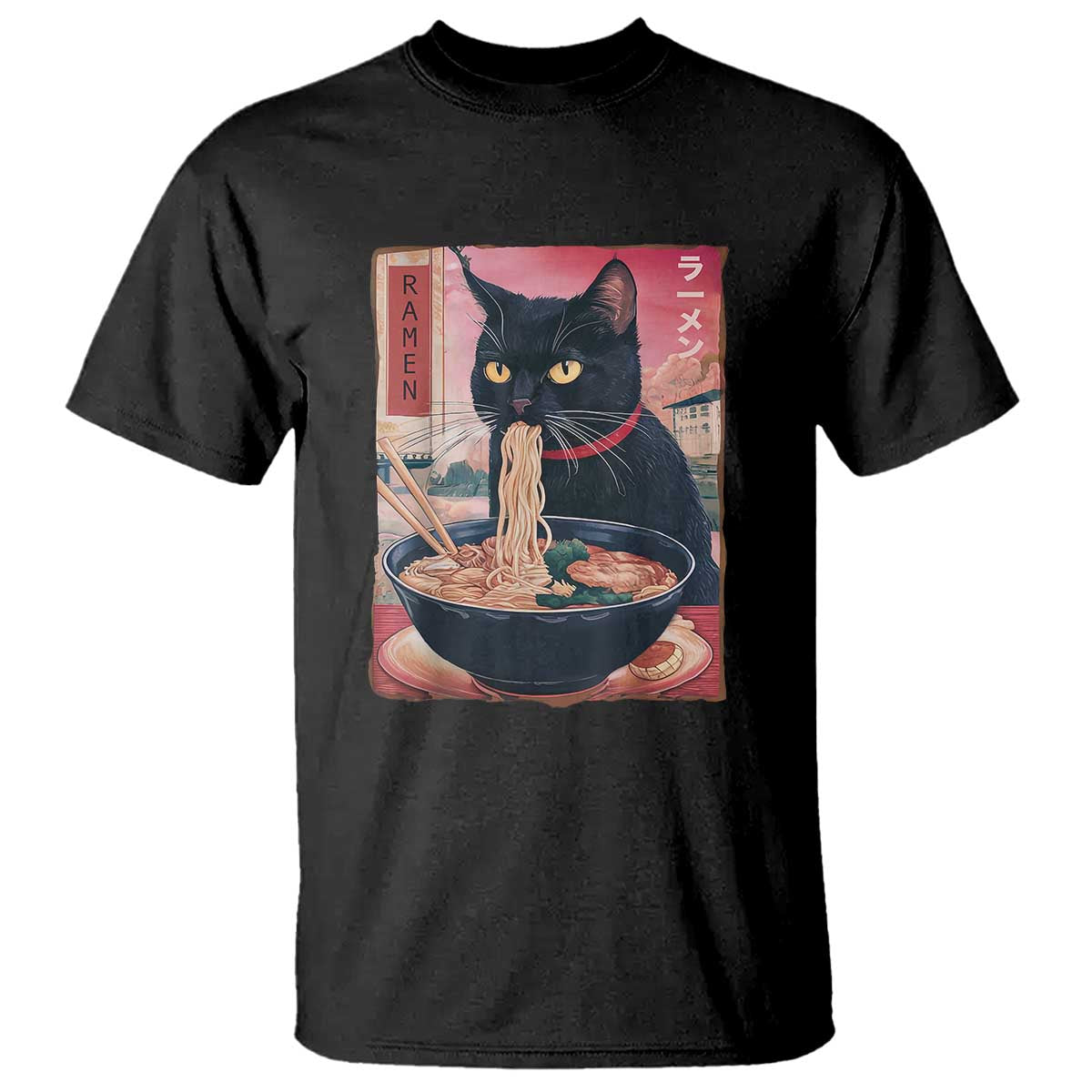 Sarcastic Black Cat Eating Ramen T Shirt Funny Japanese Kawaii Cats Anime Graphic - Wonder Print Shop