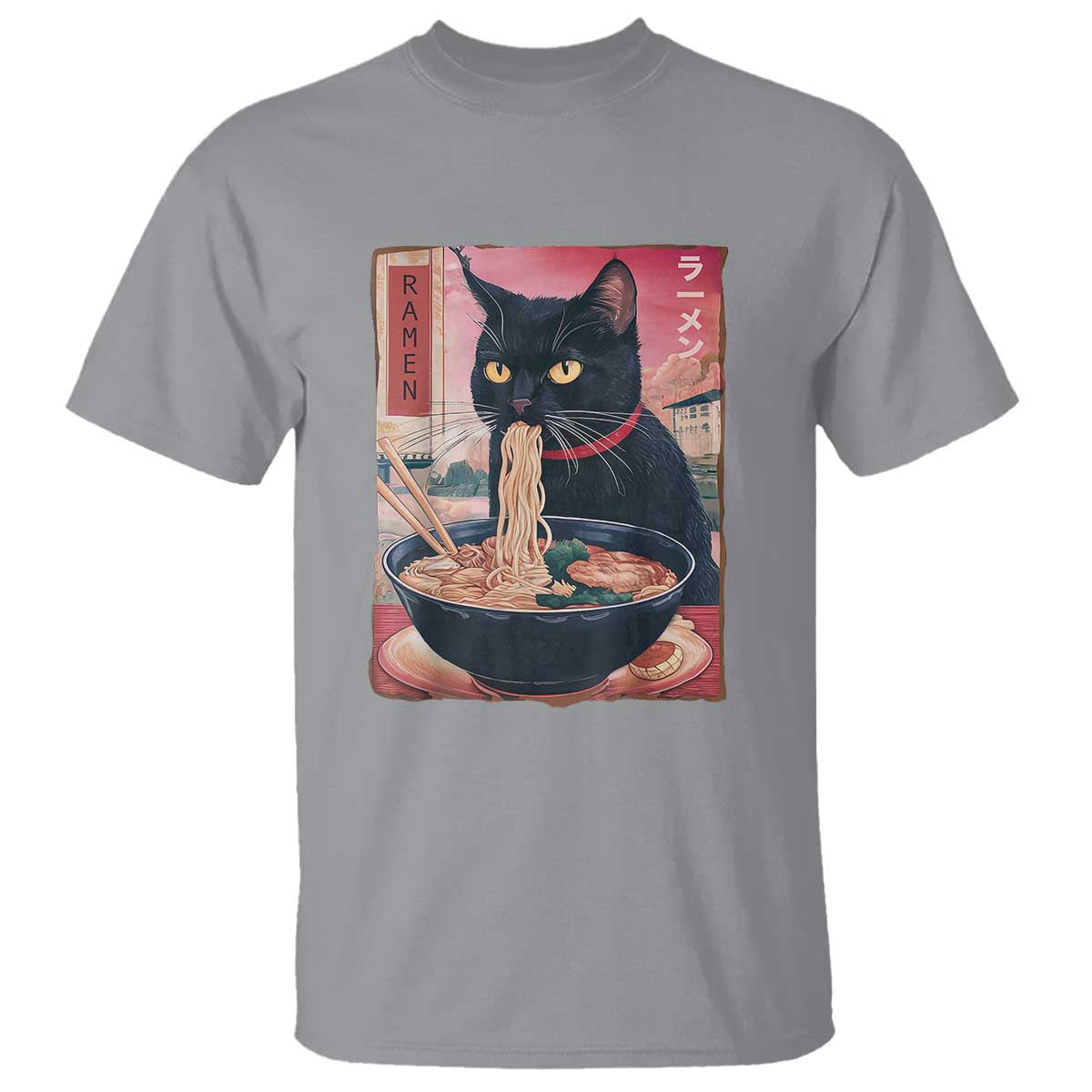 Sarcastic Black Cat Eating Ramen T Shirt Funny Japanese Kawaii Cats Anime Graphic - Wonder Print Shop
