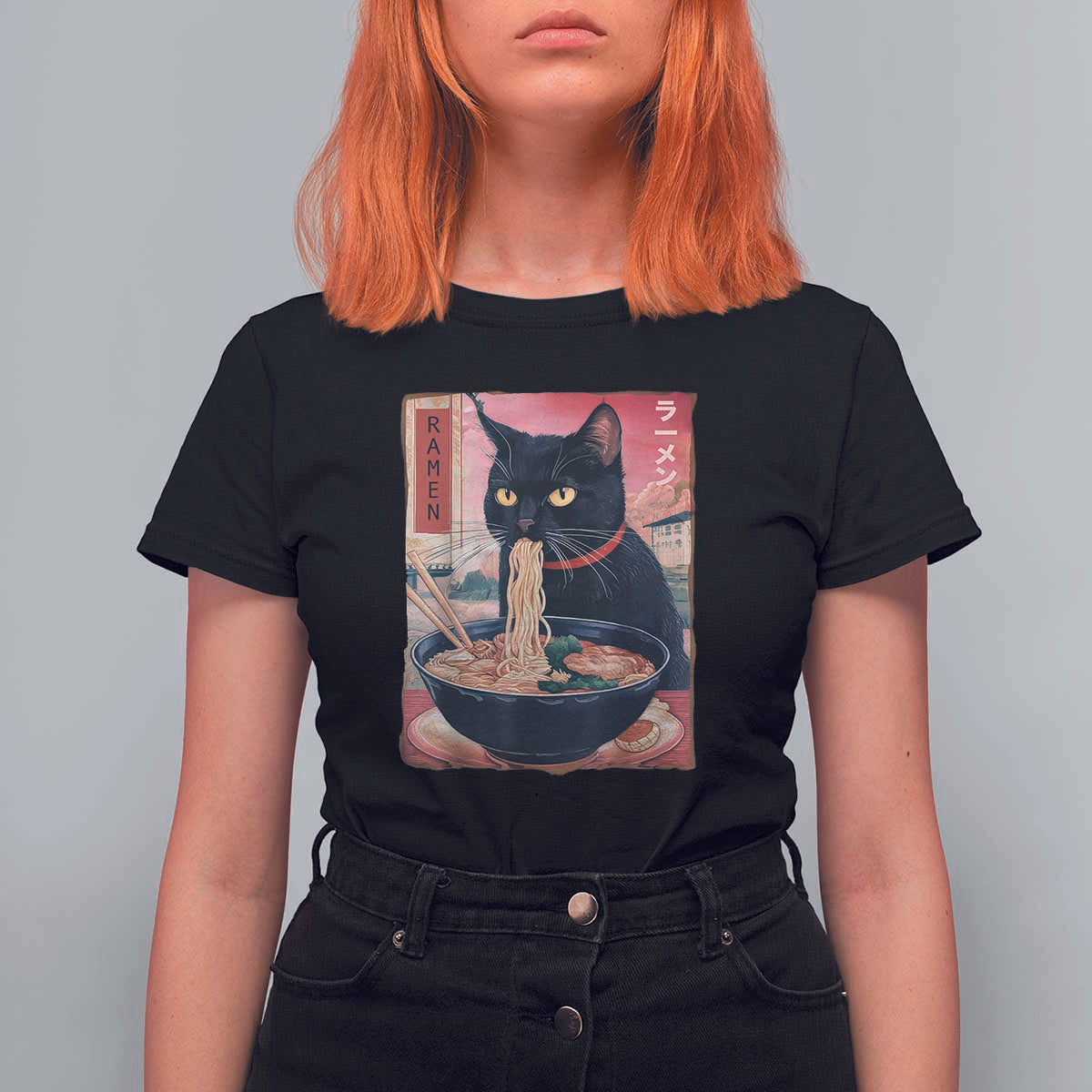Sarcastic Black Cat Eating Ramen T Shirt For Women Funny Japanese Kawaii Cats Anime Graphic - Wonder Print Shop
