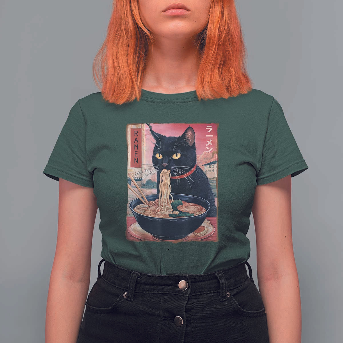 Sarcastic Black Cat Eating Ramen T Shirt For Women Funny Japanese Kawaii Cats Anime Graphic - Wonder Print Shop