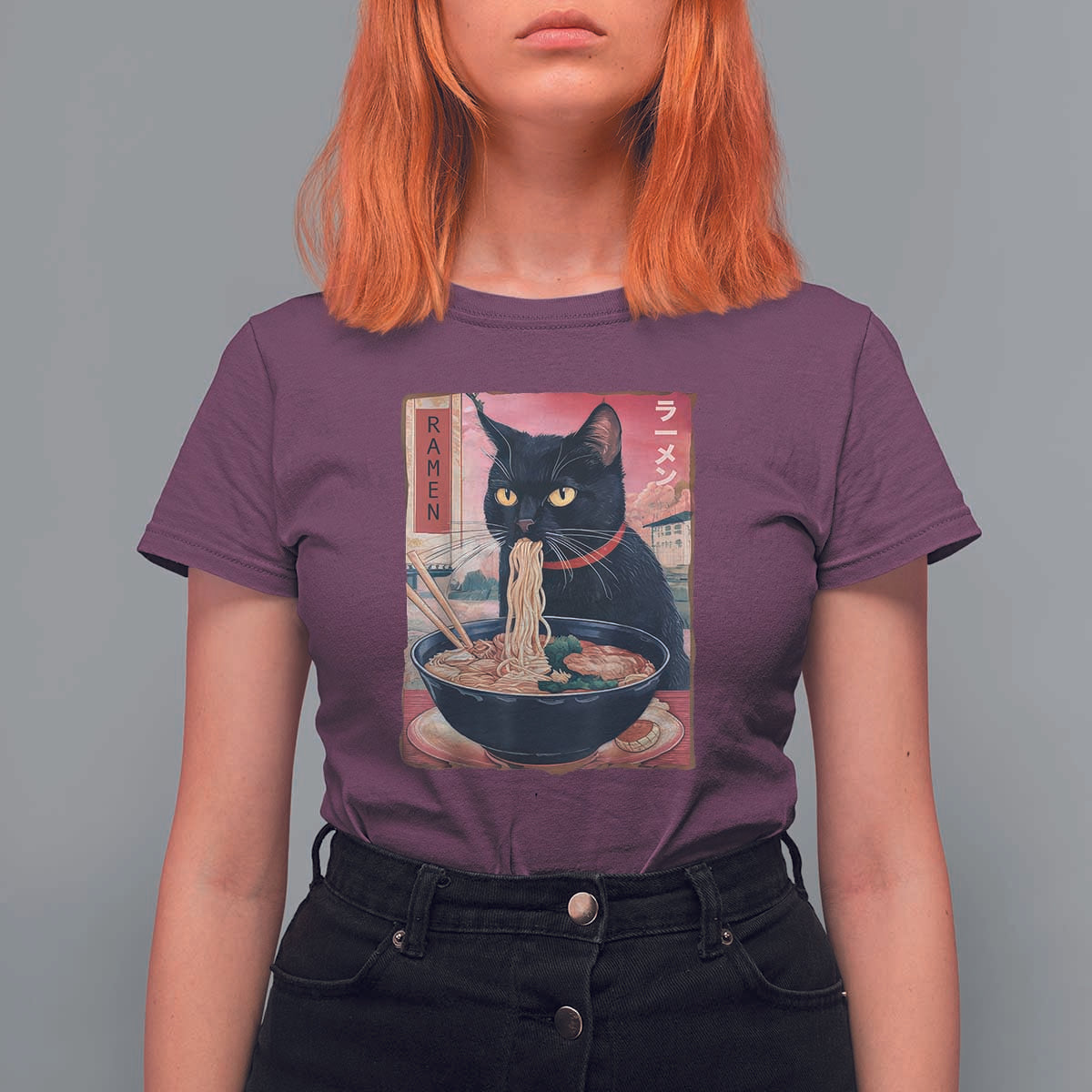 Sarcastic Black Cat Eating Ramen T Shirt For Women Funny Japanese Kawaii Cats Anime Graphic - Wonder Print Shop