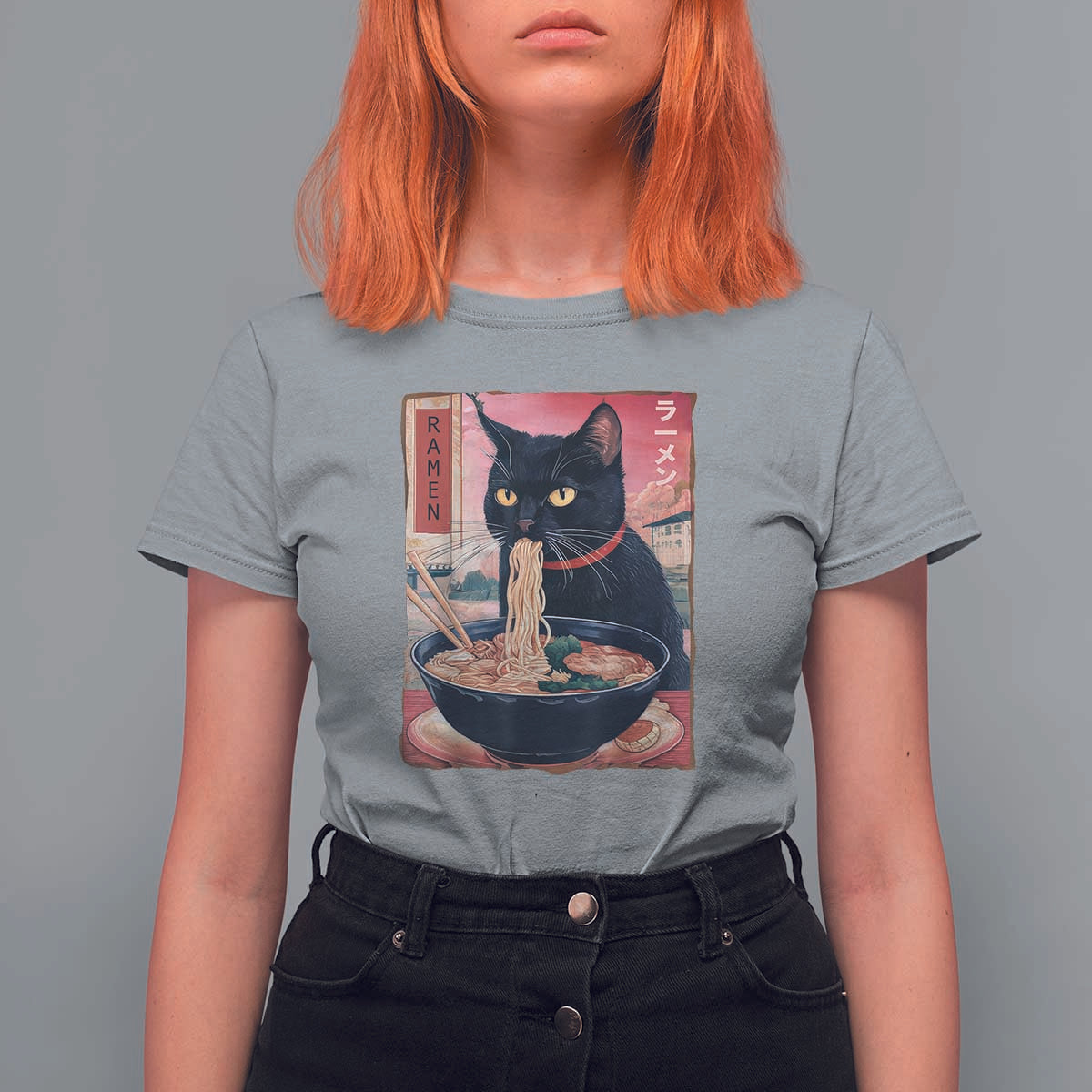 Sarcastic Black Cat Eating Ramen T Shirt For Women Funny Japanese Kawaii Cats Anime Graphic - Wonder Print Shop