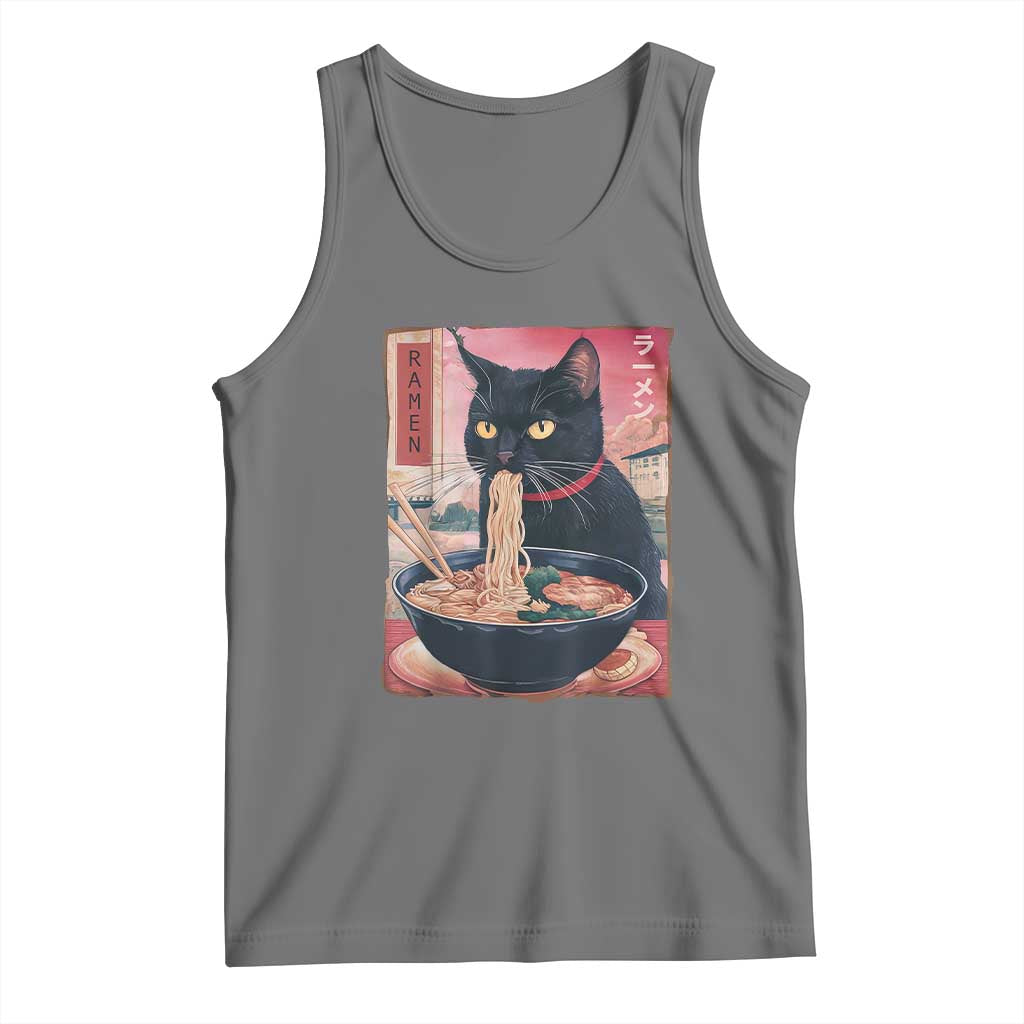 Sarcastic Black Cat Eating Ramen Tank Top Funny Japanese Kawaii Cats Anime Graphic - Wonder Print Shop