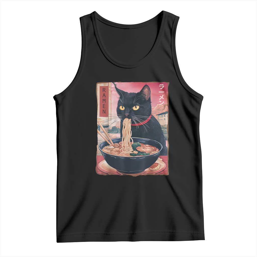 Sarcastic Black Cat Eating Ramen Tank Top Funny Japanese Kawaii Cats Anime Graphic - Wonder Print Shop