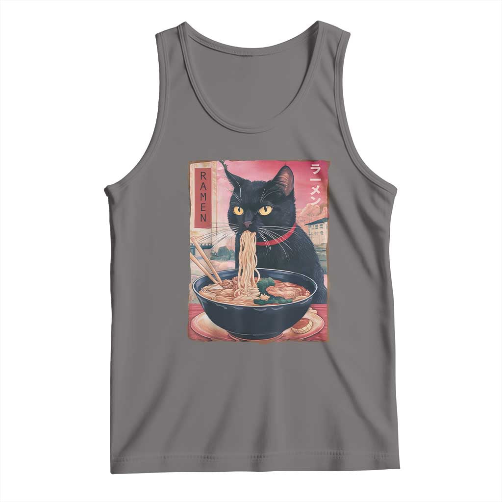 Sarcastic Black Cat Eating Ramen Tank Top Funny Japanese Kawaii Cats Anime Graphic - Wonder Print Shop