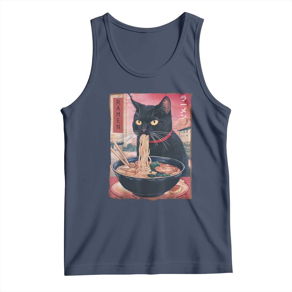 Sarcastic Black Cat Eating Ramen Tank Top Funny Japanese Kawaii Cats Anime Graphic - Wonder Print Shop