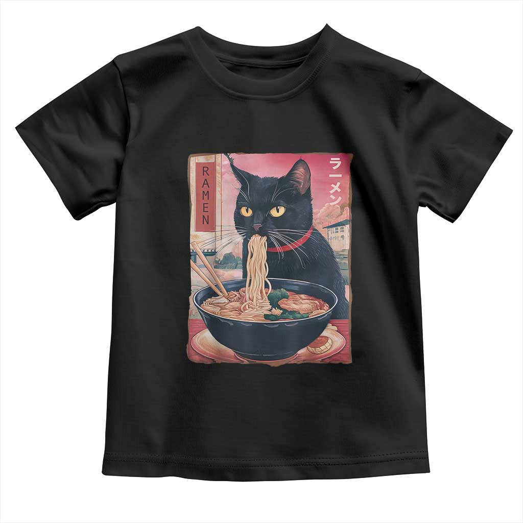 Sarcastic Black Cat Eating Ramen Toddler T Shirt Funny Japanese Kawaii Cats Anime Graphic - Wonder Print Shop