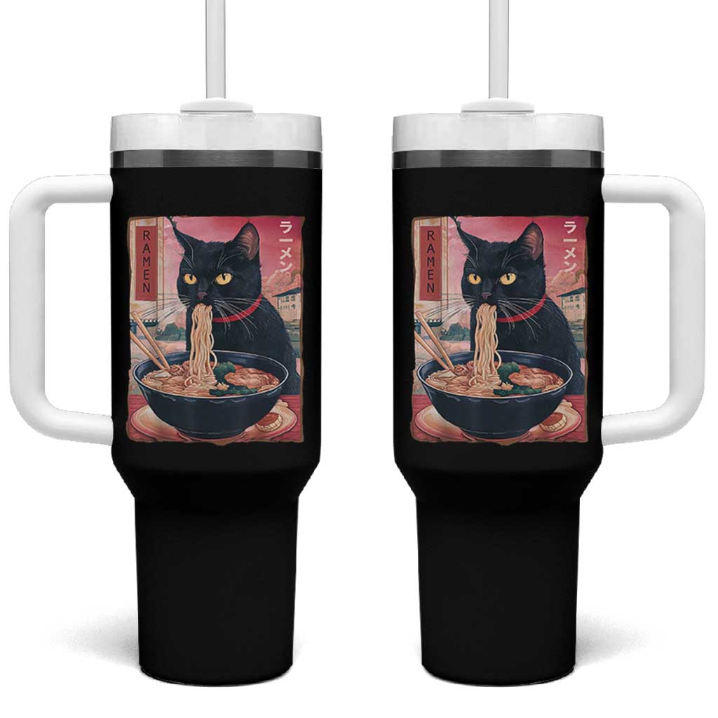 Sarcastic Black Cat Eating Ramen Tumbler With Handle Funny Japanese Kawaii Cats Anime Graphic - Wonder Print Shop