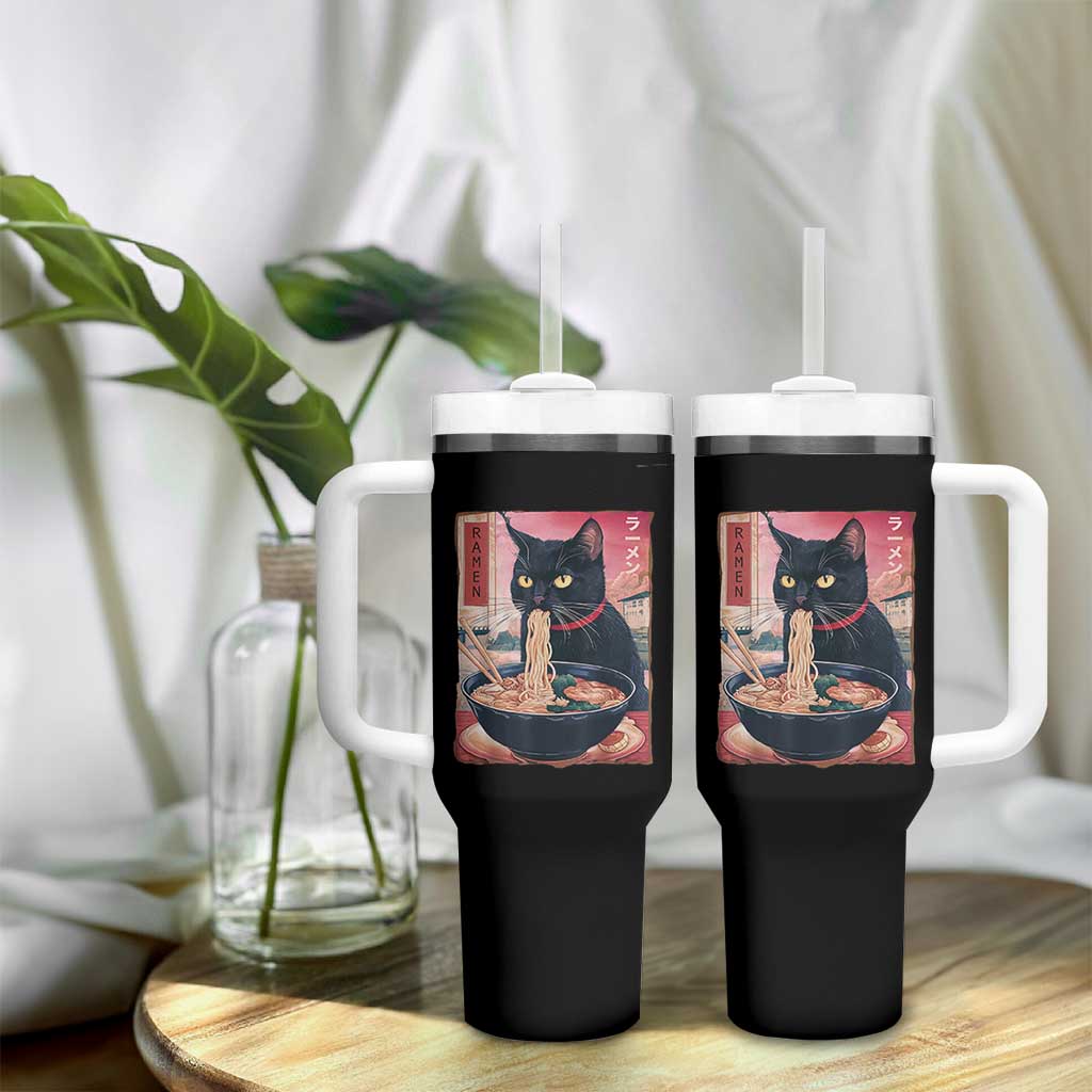 Sarcastic Black Cat Eating Ramen Tumbler With Handle Funny Japanese Kawaii Cats Anime Graphic - Wonder Print Shop