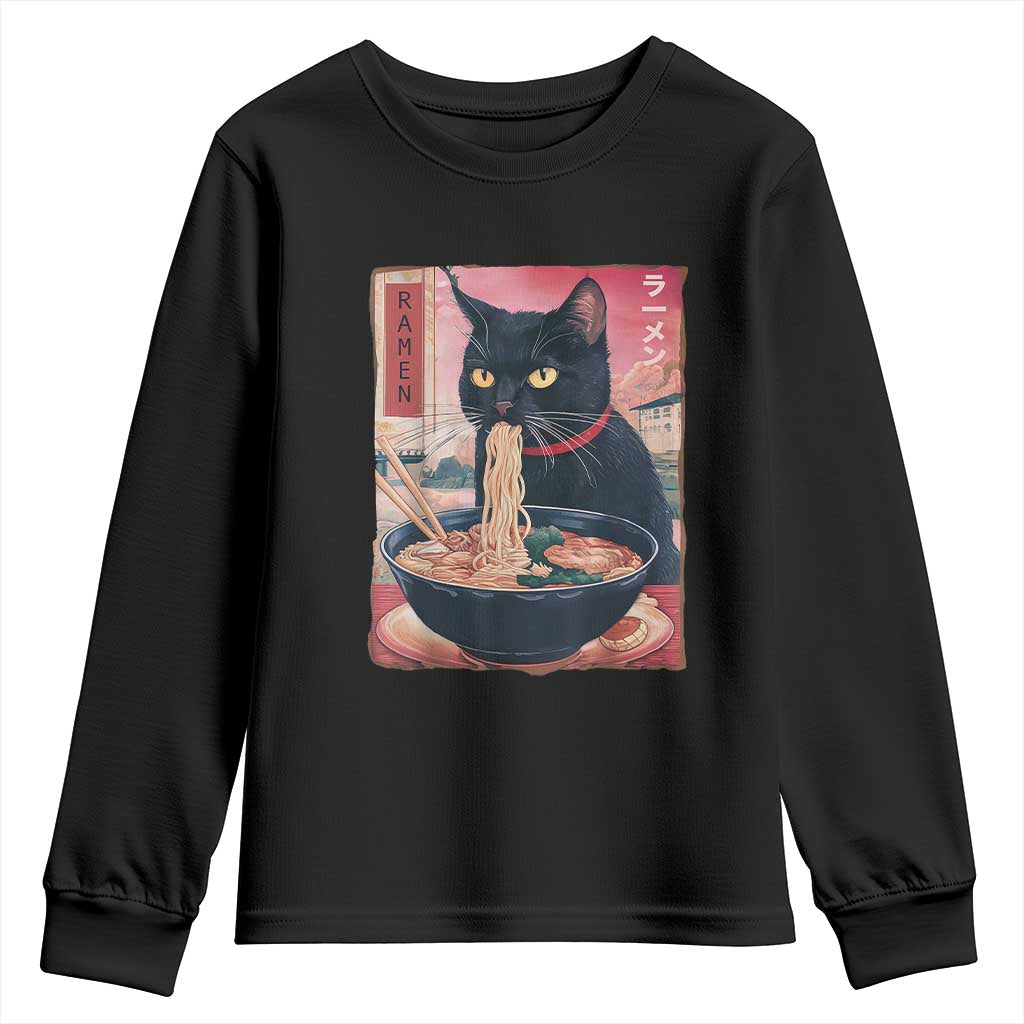 Sarcastic Black Cat Eating Ramen Youth Sweatshirt Funny Japanese Kawaii Cats Anime Graphic - Wonder Print Shop