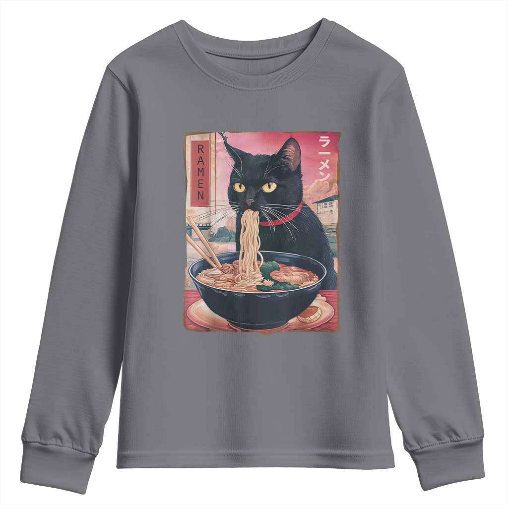 Sarcastic Black Cat Eating Ramen Youth Sweatshirt Funny Japanese Kawaii Cats Anime Graphic - Wonder Print Shop