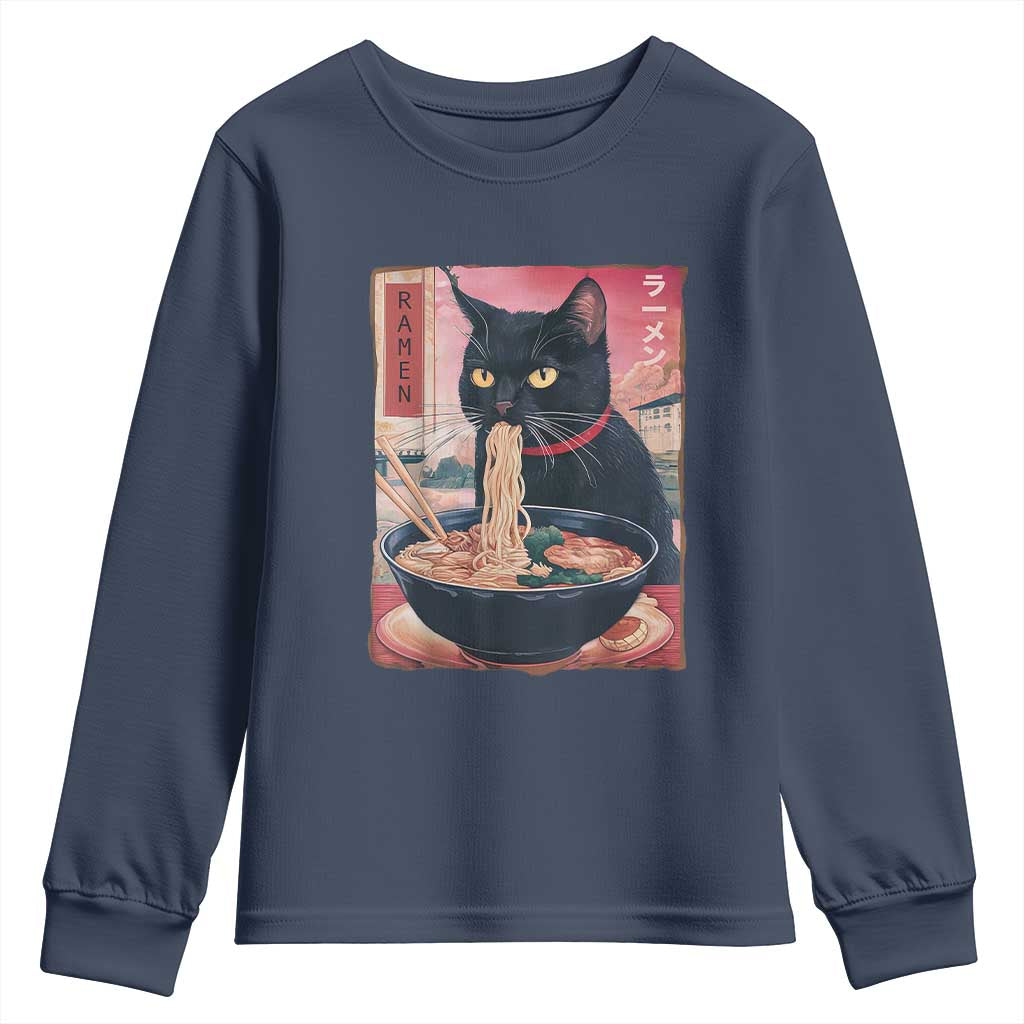 Sarcastic Black Cat Eating Ramen Youth Sweatshirt Funny Japanese Kawaii Cats Anime Graphic - Wonder Print Shop