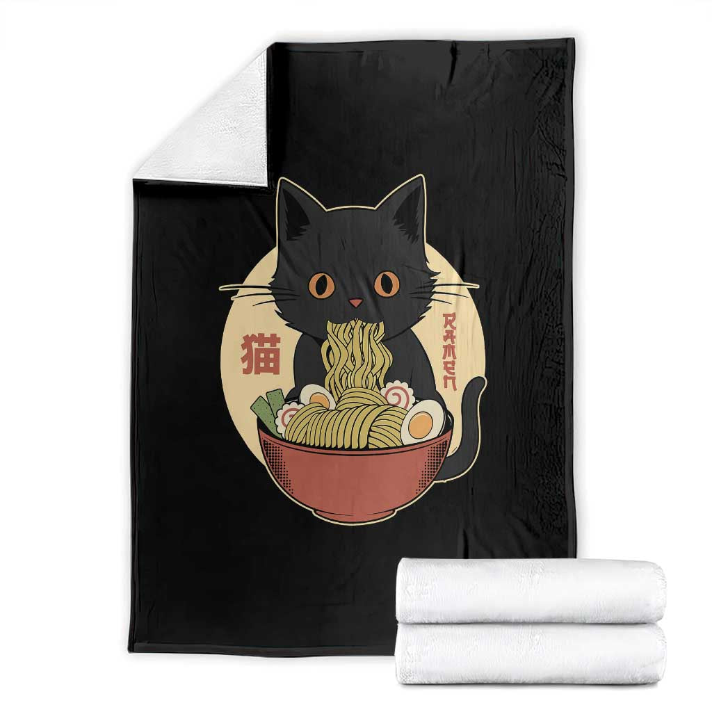 Kawaii Black Cat Eating Ramen Throw Blanket Funny Graphic Japanese Kawaii Anime Inspo - Wonder Print Shop