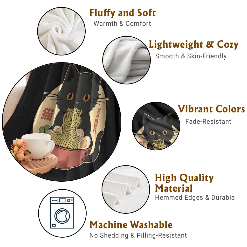 Kawaii Black Cat Eating Ramen Throw Blanket Funny Graphic Japanese Kawaii Anime Inspo - Wonder Print Shop