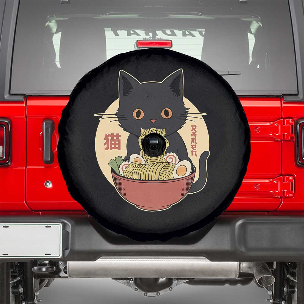Kawaii Black Cat Eating Ramen Spare Tire Cover Funny Graphic Japanese Kawaii Anime Inspo - Wonder Print Shop